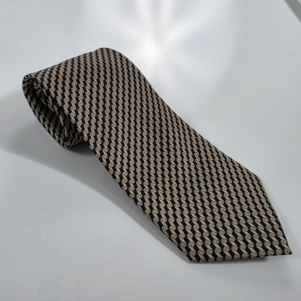 Antonia Collection Mens 100% Silk Tie Black Gold Geometric 3D Cube Hand Made
